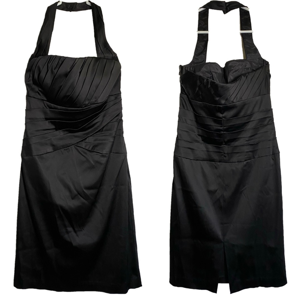 WHBM | Shiny Black Satin Halter Mini Dress Lined Pleated Side Zip Back Slit Sz 4